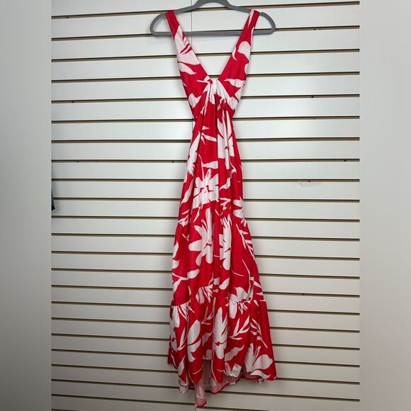 The MIA Maxi Dress tie back halter Neck Tropical print Red/white Sz Small - Picture 3 of 8